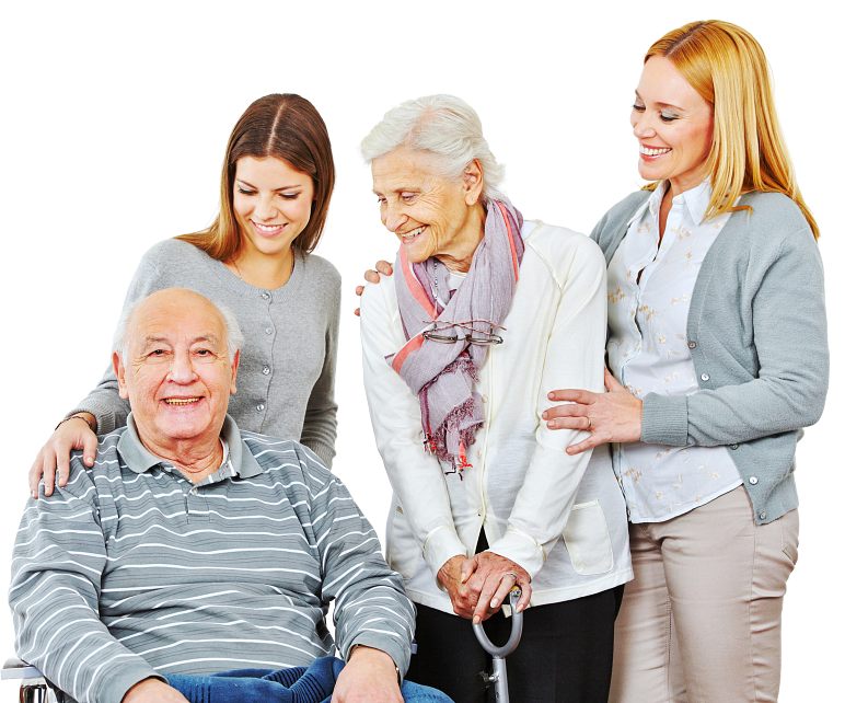 senior couple and their caregivers smiling